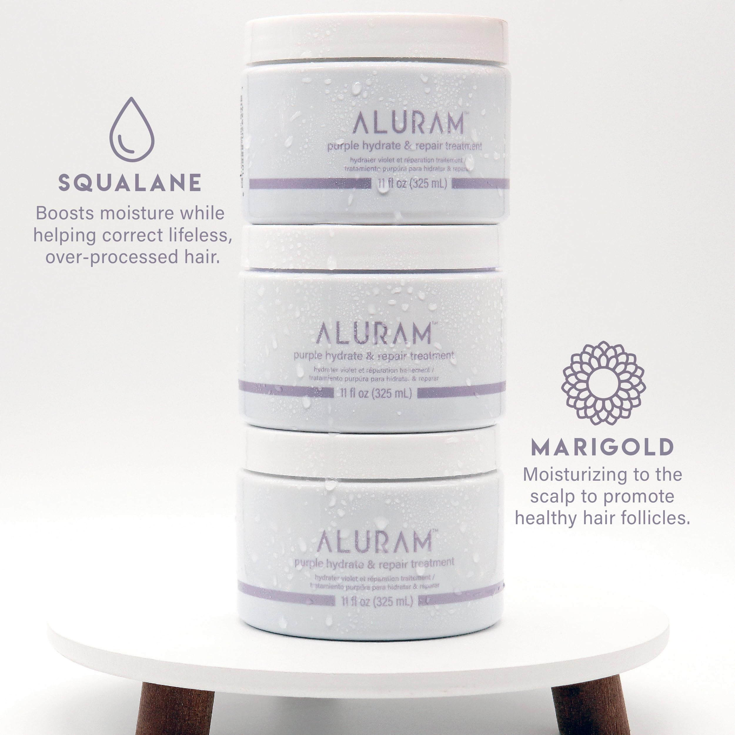 ALURAM Purple Hydrate & Repair hair swatches demonstrating color-friendly hydration.