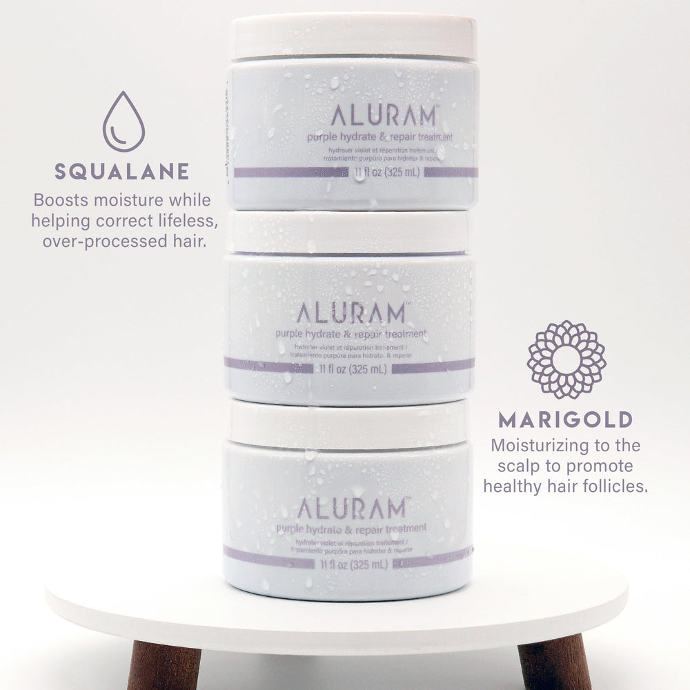 ALURAM Purple Hydrate & Repair hair swatches demonstrating color-friendly hydration.
