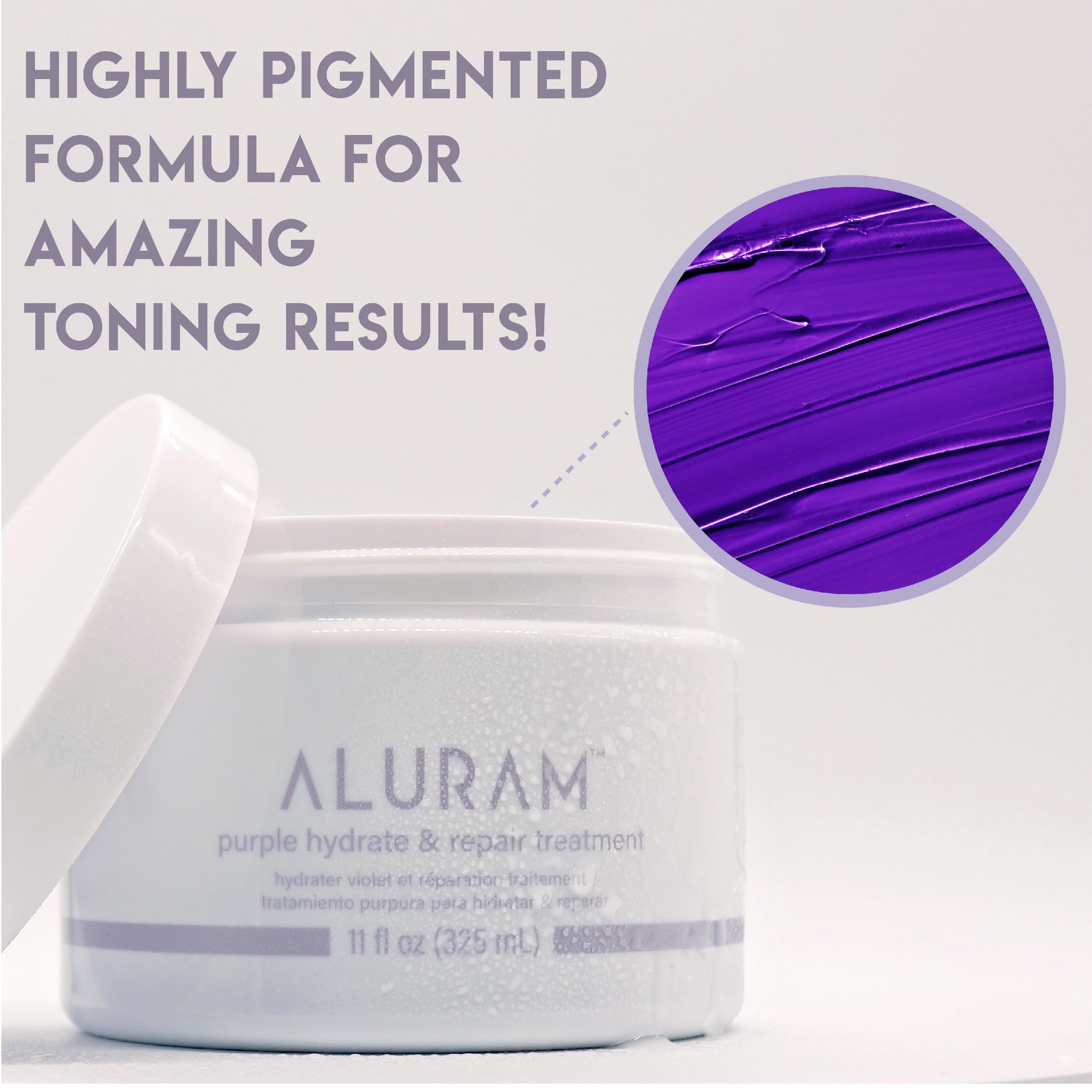 ALURAM Purple Hydrate & Repair label detail highlights vegan, sulfate-free formula.