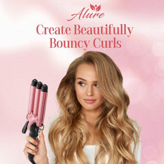 Alure ceramic-tourmaline triple-barrels close-up highlighting smooth frizz-free shine