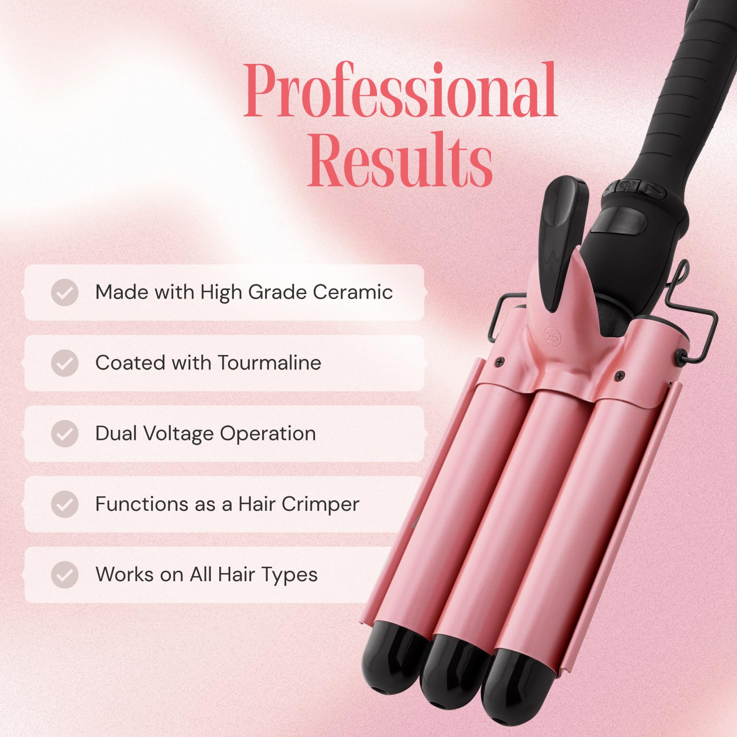 Alure LCD temperature display on rose-gold waver showing precise heat control