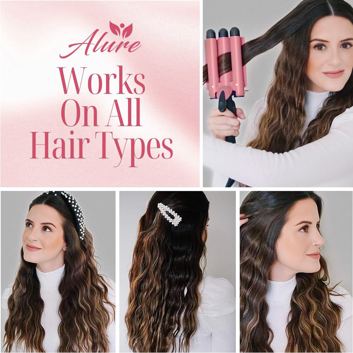 Alure rose-gold triple-barrel iron creating effortless beachy texture on long hair