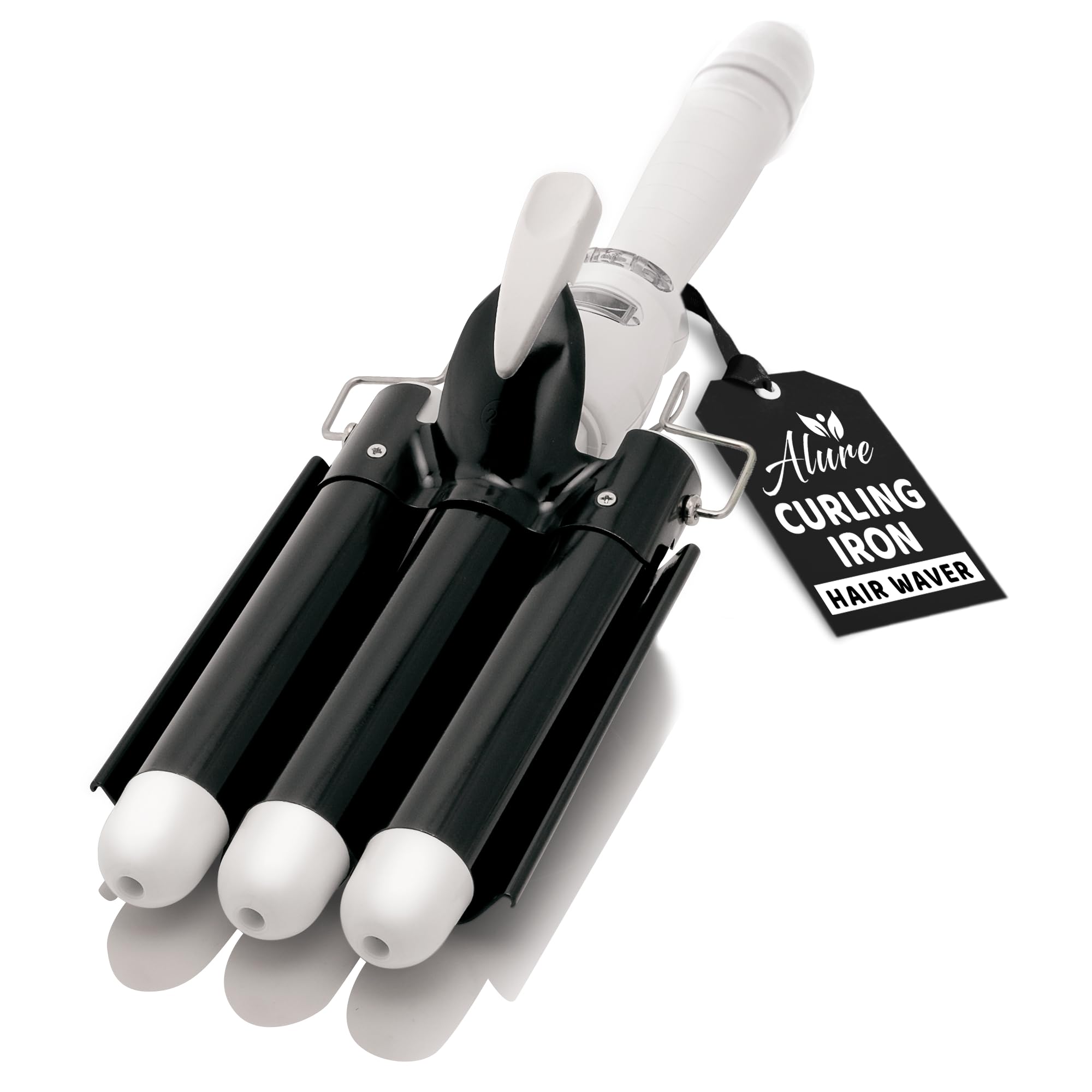 Alure three-barrel curling iron closeup with ceramic-tourmaline barrels for smooth, frizz-free waves.