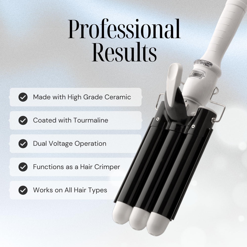 Alure three-barrel waver used on beachy waves for quick texture and volume.