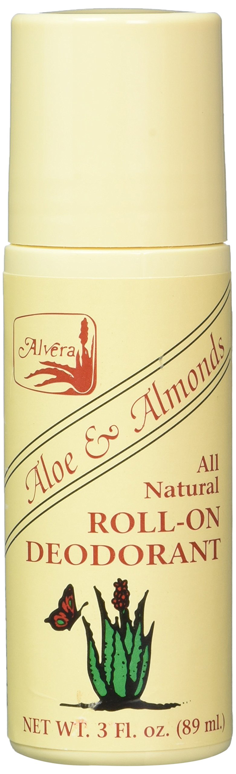 Alvera Deod Roll-On Aloe Almonds bottle demonstrates natural, aloe-based deodorant for daily freshness.