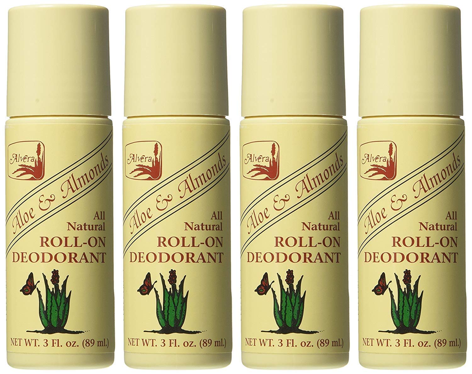 Alvera roll-on deodorant Aloe & Almonds front view shows portable 3 oz bottle.