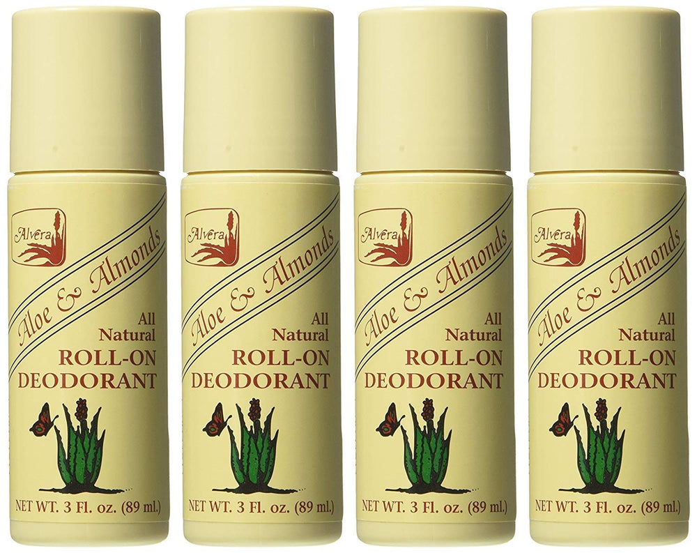 Alvera roll-on deodorant Aloe & Almonds front view shows portable 3 oz bottle.
