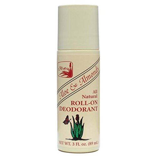 Alvera roll-on deodorant Aloe & Almonds ingredients panel highlights natural Aloe and almond scent.