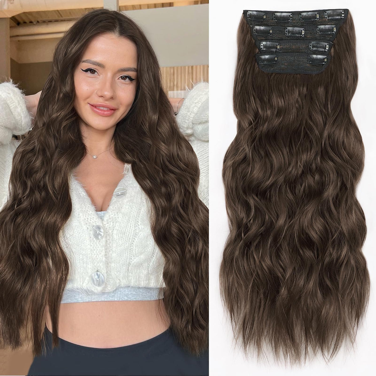 ALXNAN clip-in extensions in chocolate brown 24in for natural, voluminous length