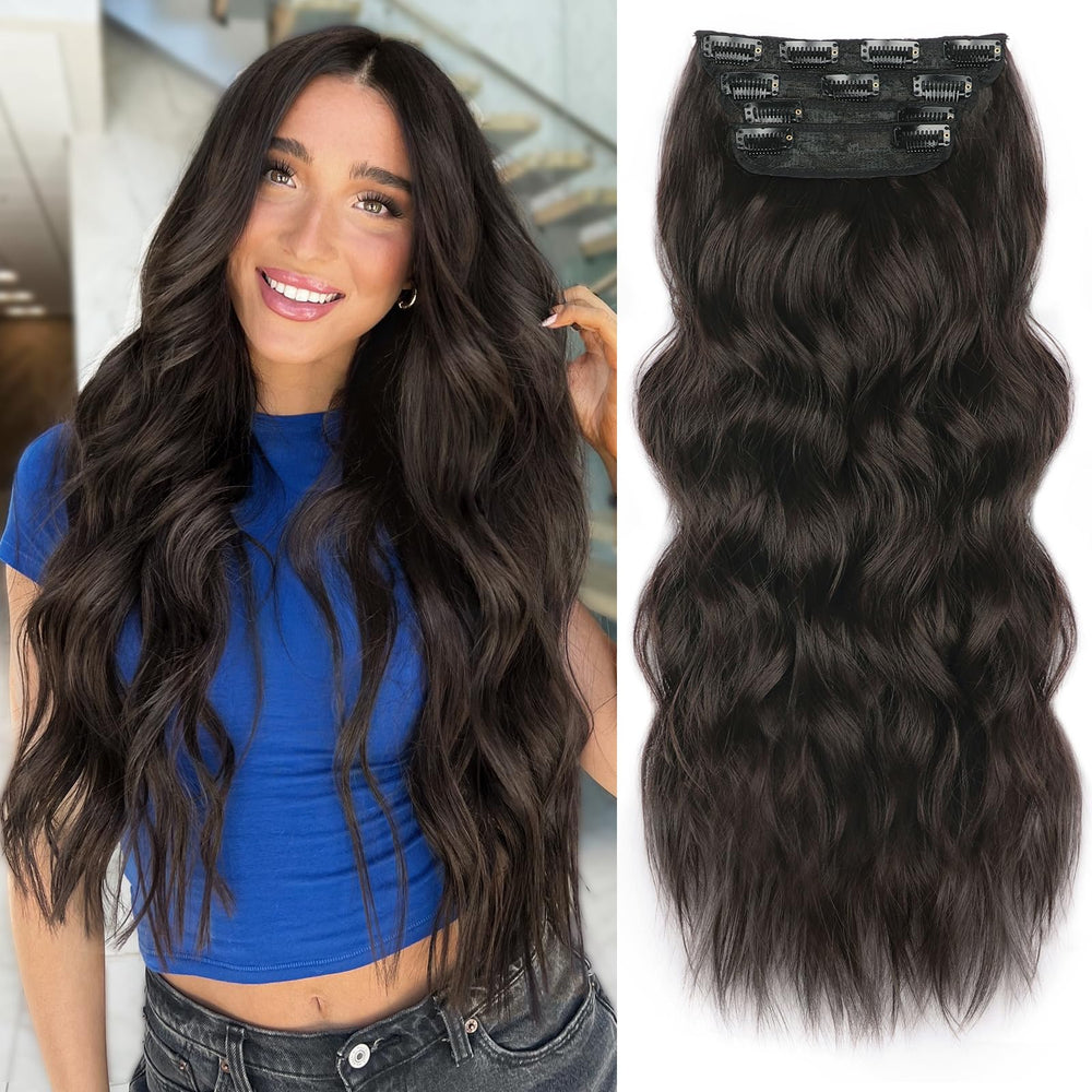 ALXNAN clip-in long wavy extension 20inch dark brown four-piece set for instant volume