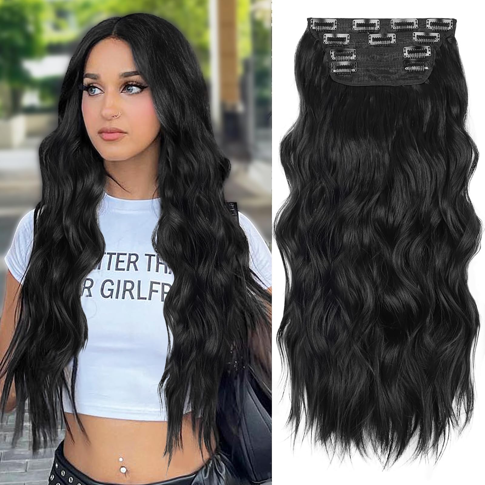 ALXNAN clip-in long wavy extension in black adds instant length and volume.