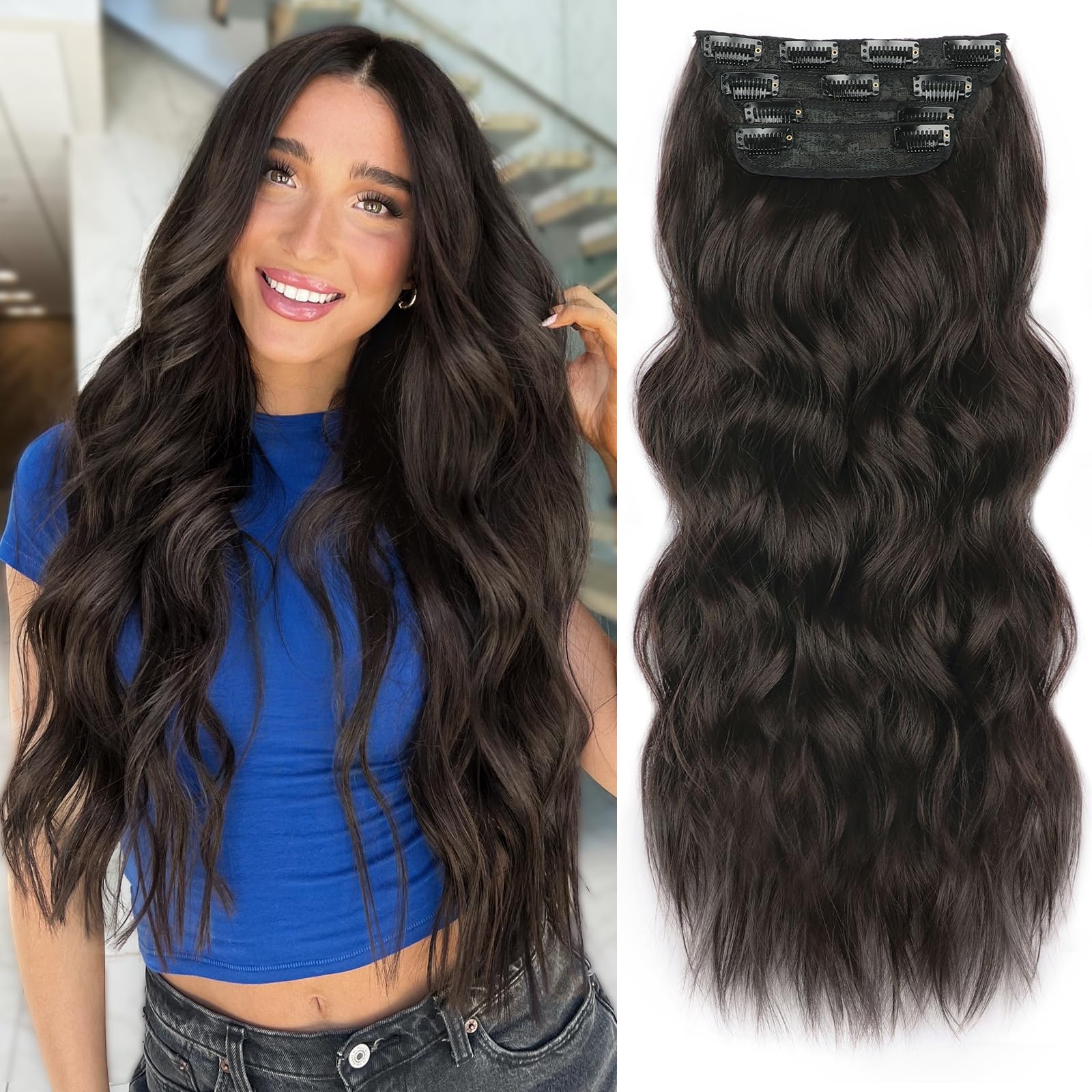 ALXNAN clip-in long wavy extension 24inch dark brown for fuller everyday volume.