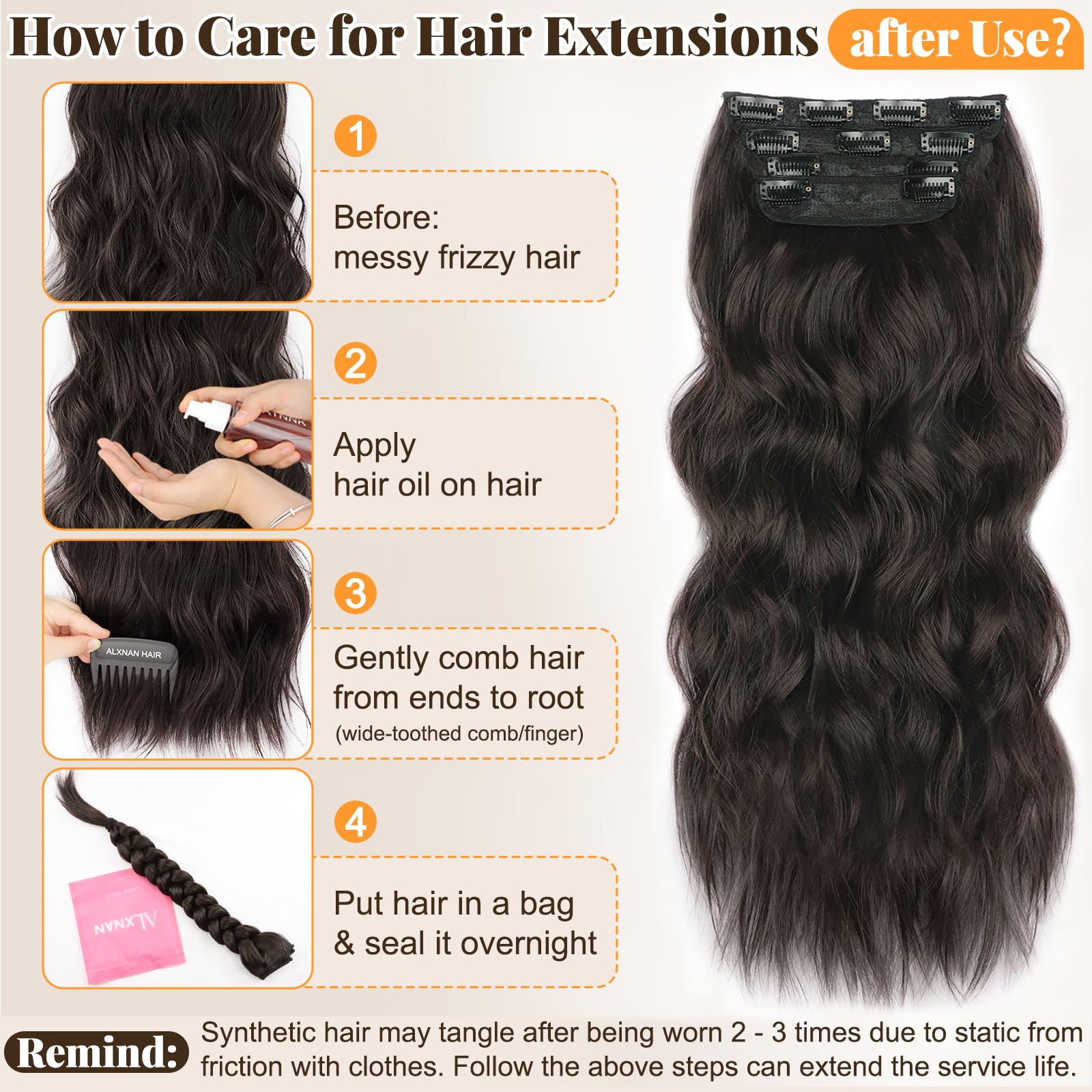 ALXNAN dark brown 20inch clip-in extension worn on model for fullness