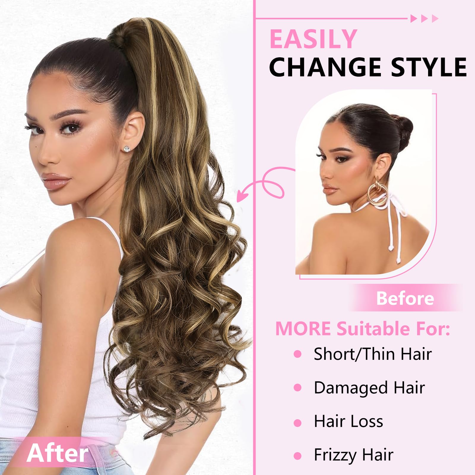 ALXNAN ponytail extension chocolate brown highlights add depth for everyday wear.