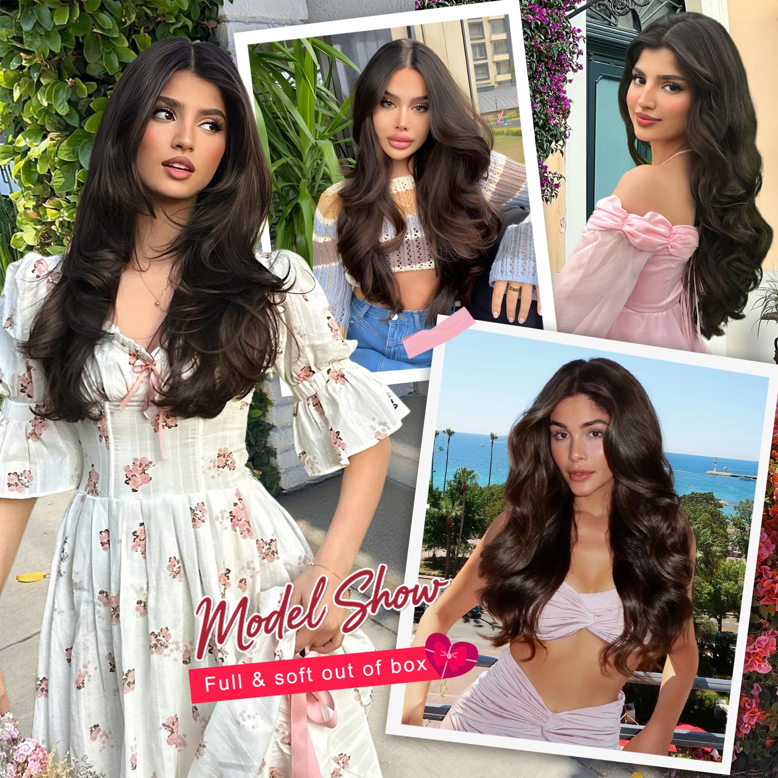 ALXNAN wedding party look with volumized dark brown waves.
