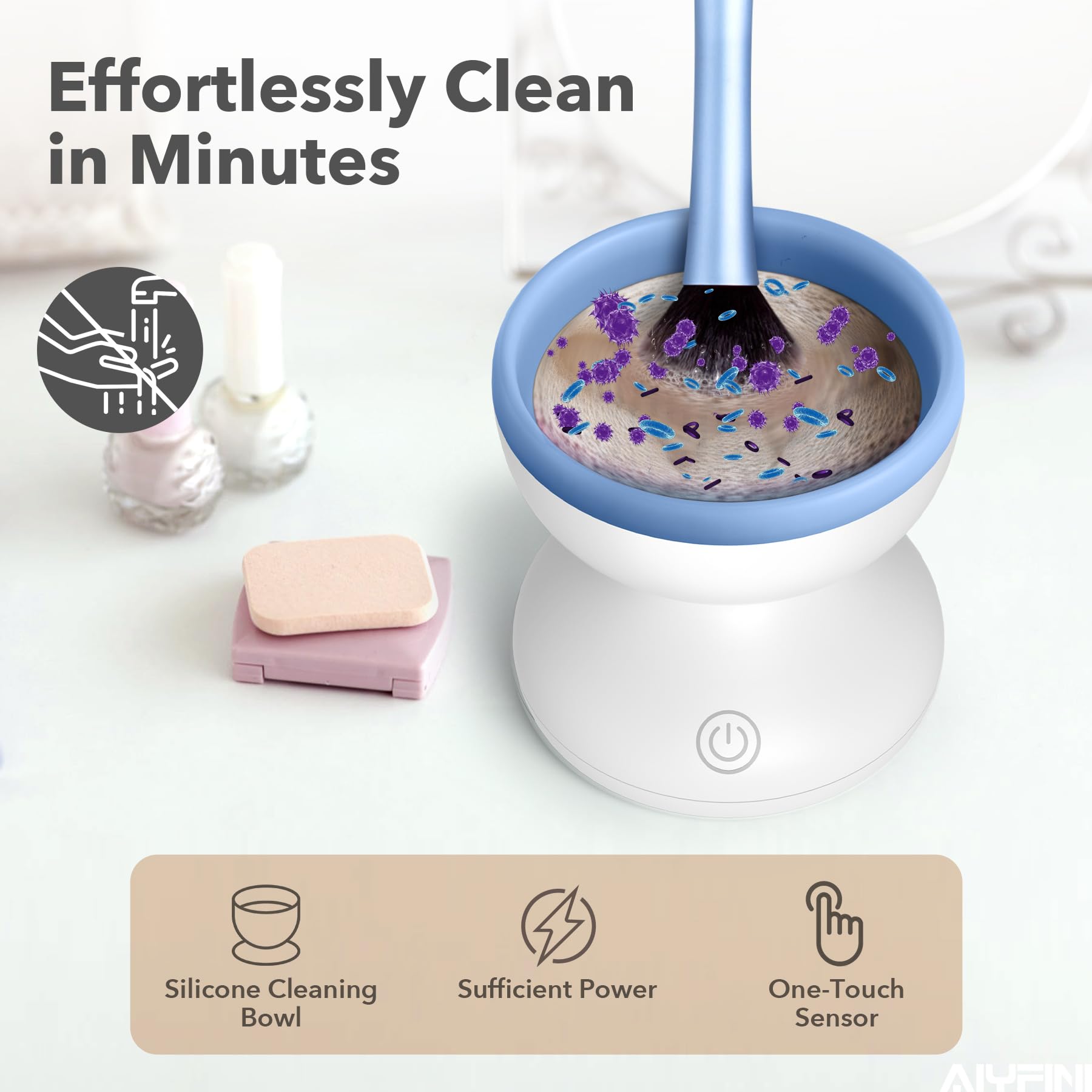 Alyfini makeup brush cleaner machine top view highlighting compact home-use footprint
