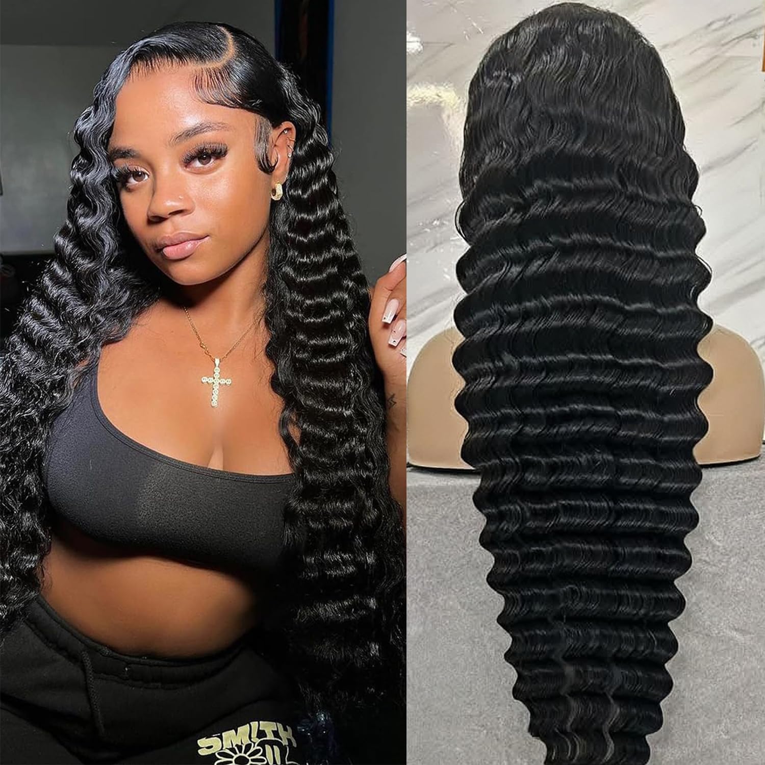 ALYOGA Deep Wave lace front wig front view showing natural color and seamless hairline