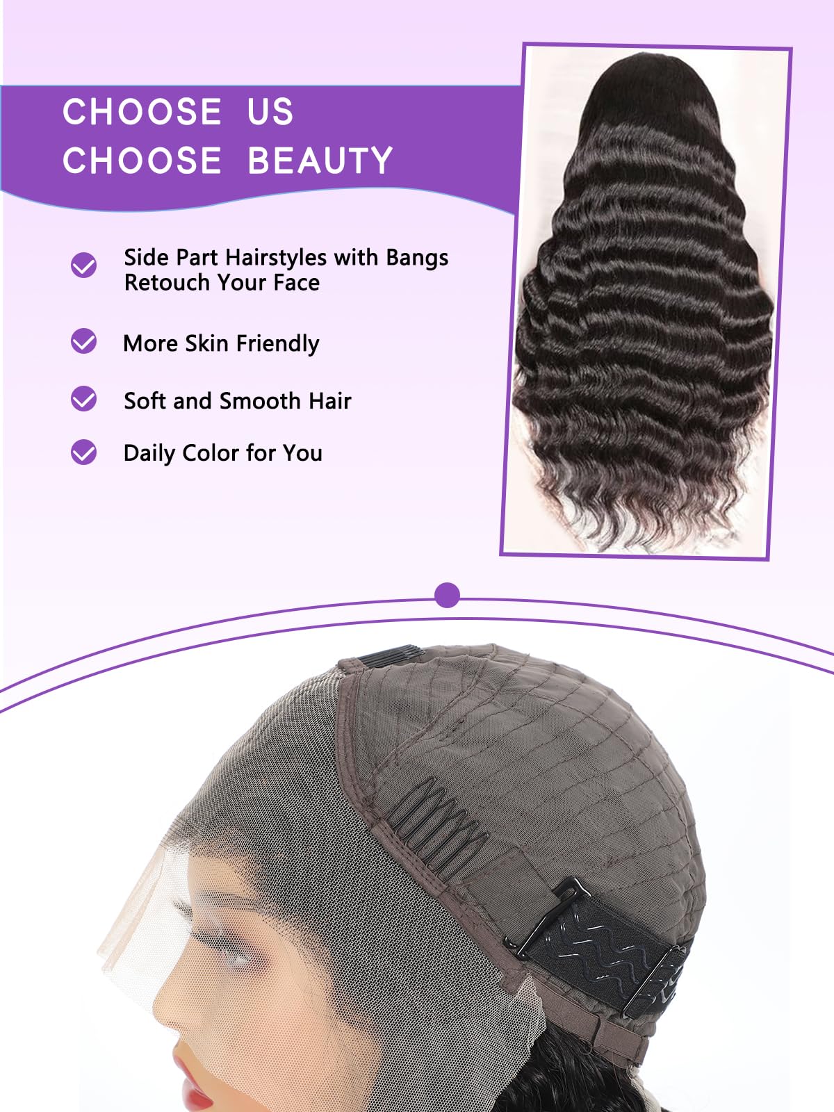 ALYOGA Deep Wave wig highlighting pre-plucked hairline and baby hairs for natural look