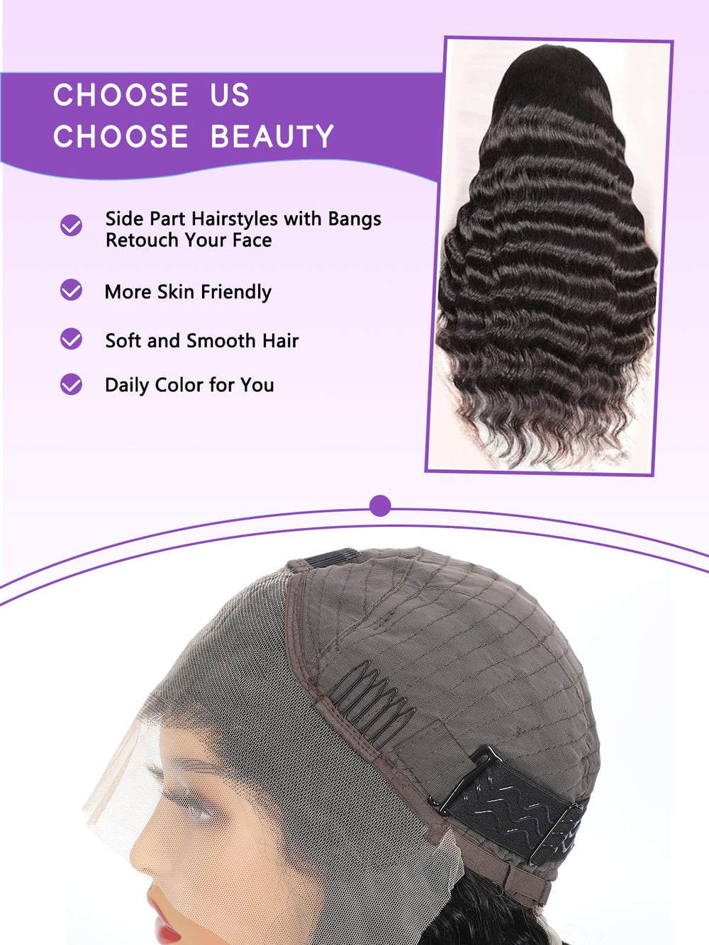 ALYOGA Deep Wave wig highlighting pre-plucked hairline and baby hairs for natural look