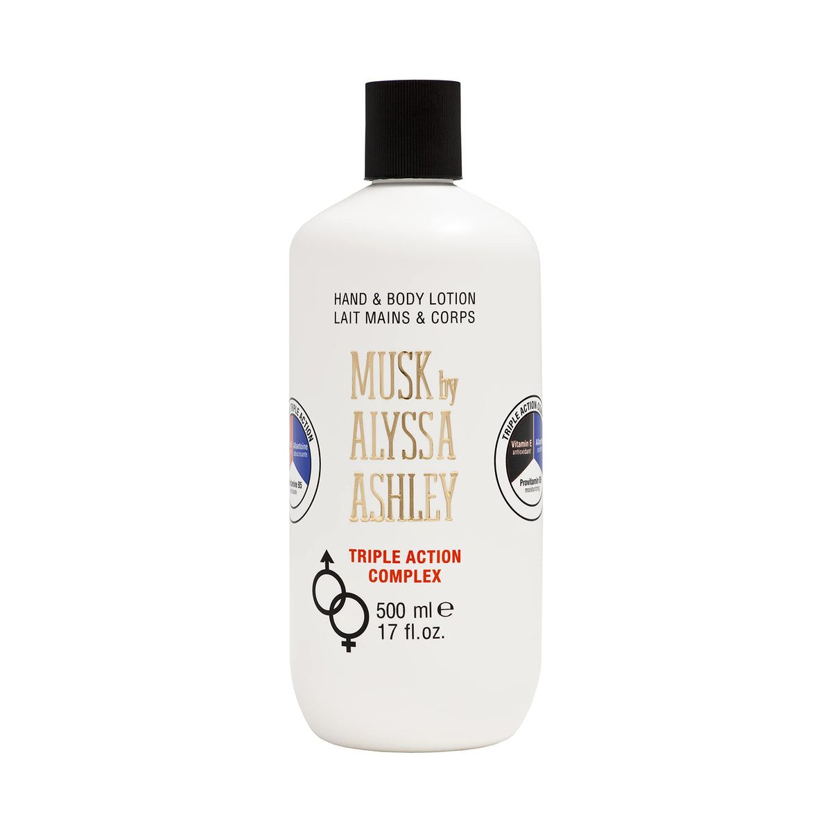 Alyssa Ashley Musk Hand Body Lotion label front highlights long lasting fragrance and hydration