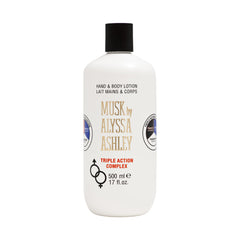 Alyssa Ashley Musk Hand Body Lotion label front highlights long lasting fragrance and hydration
