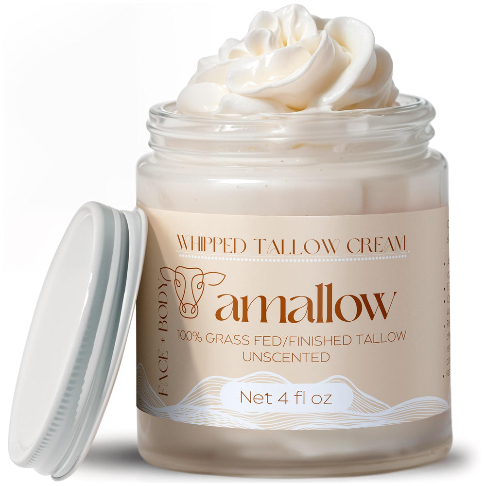 Amallow beef tallow face and body jar shows rich hydration for sensitive skin.