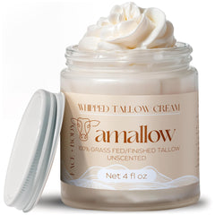 Amallow beef tallow face and body jar shows rich hydration for sensitive skin.