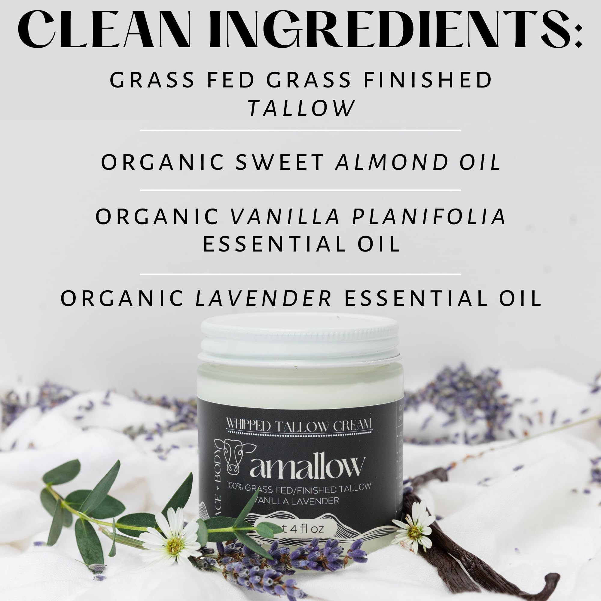 Amallow beef tallow ingredients sweet almond oil highlights non-clog pores and skin-friendly benefits.