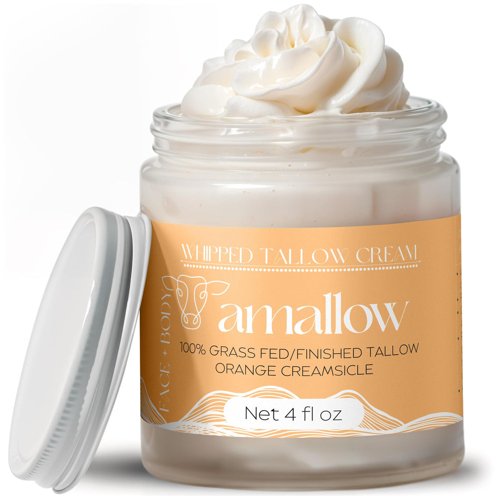 Amallow beef-tallow whipped moisturizer jar shows a creamy, nourishing texture for skin hydration.