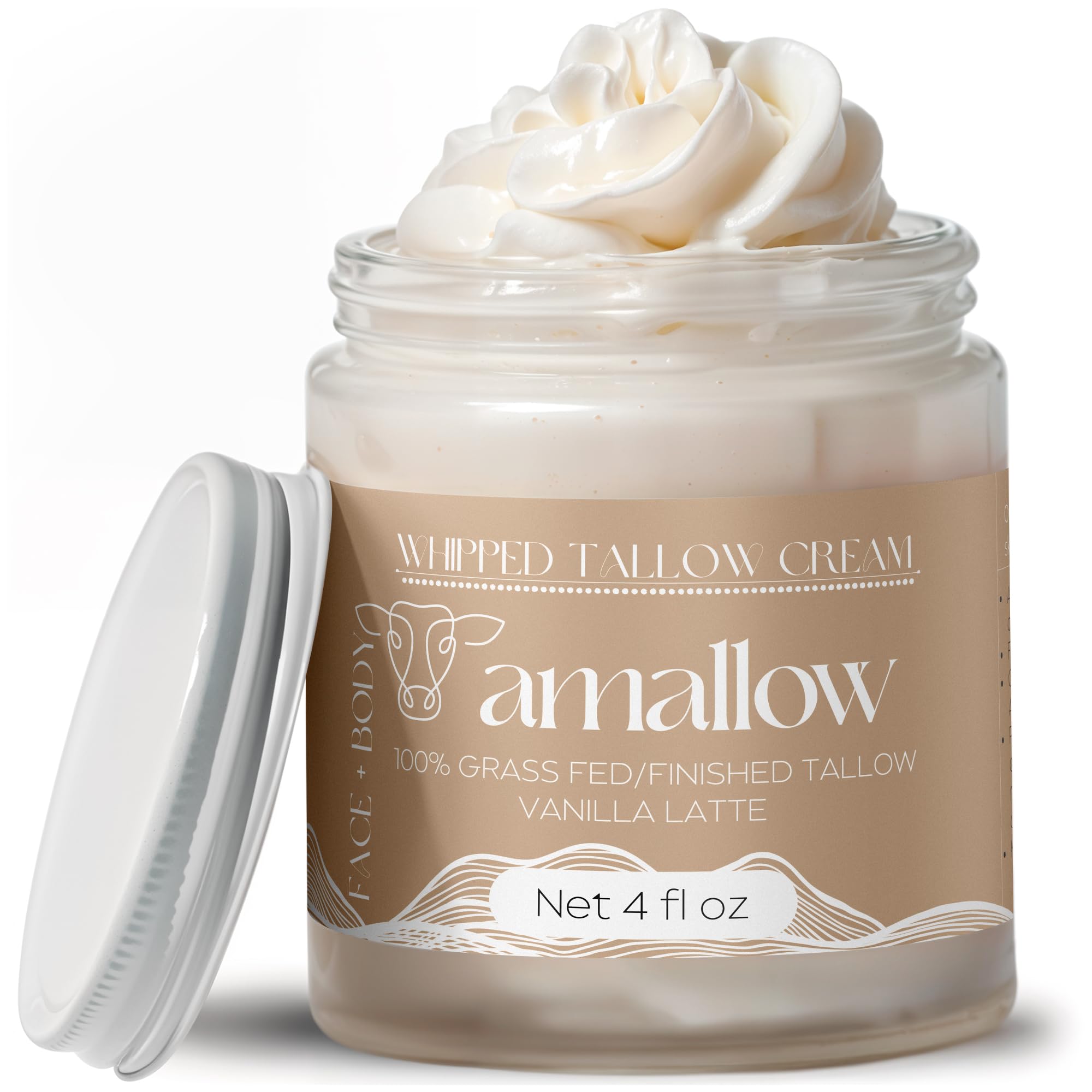 Amallow beef tallow whipped moisturizer in vanilla latte jar for all skin types.