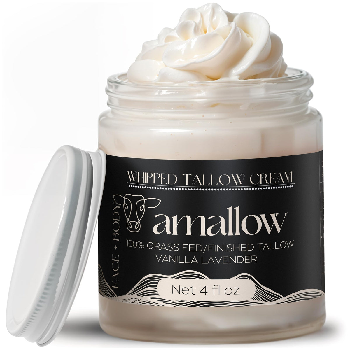 Amallow beef tallow whipped moisturizer vanilla lavender jar close-up for nourishing skin.