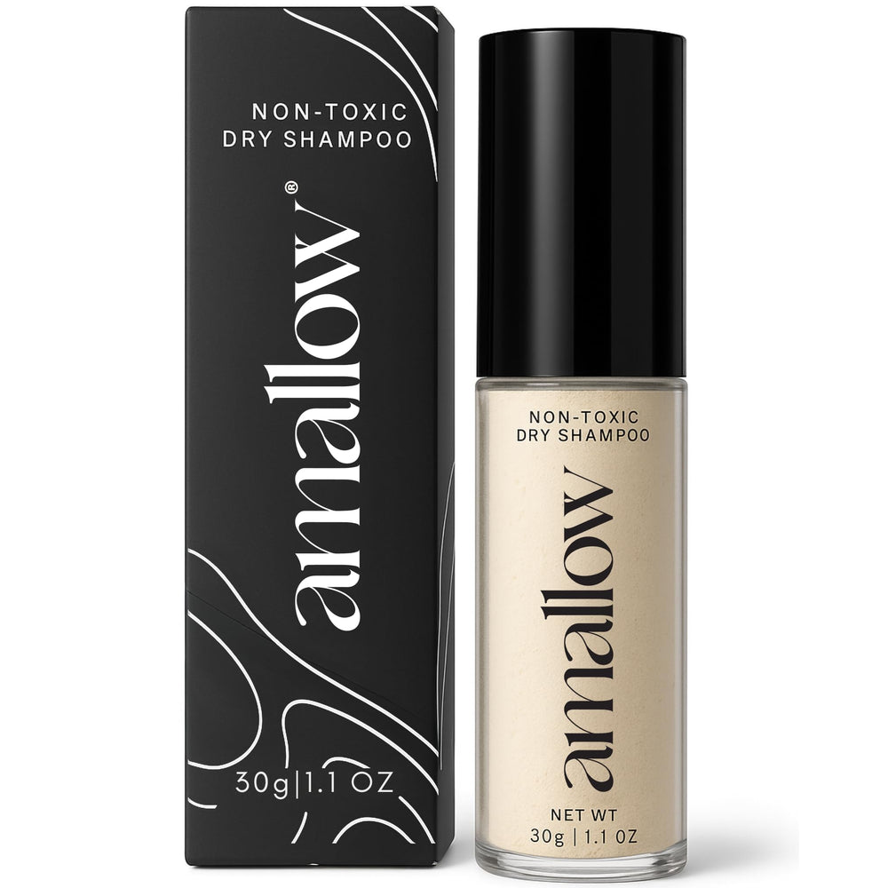 Amallow dry shampoo powder bottle pour demonstrates oil absorption for quick refresh.