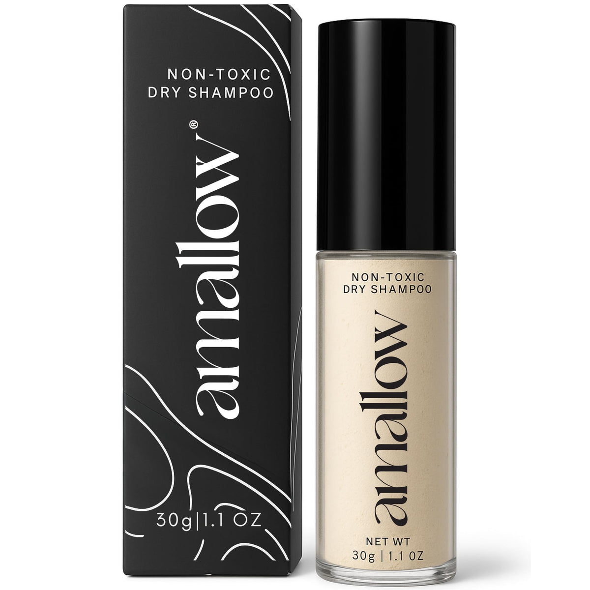 Amallow dry shampoo powder bottle pour demonstrates oil absorption for quick refresh.