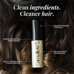 Amallow dry shampoo powder jar application shows natural volume with no white residue.