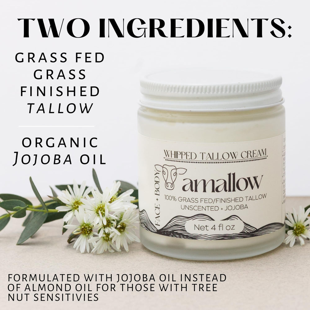 Amallow jojoba oil–infused tallow texture, non-clogging moisture.