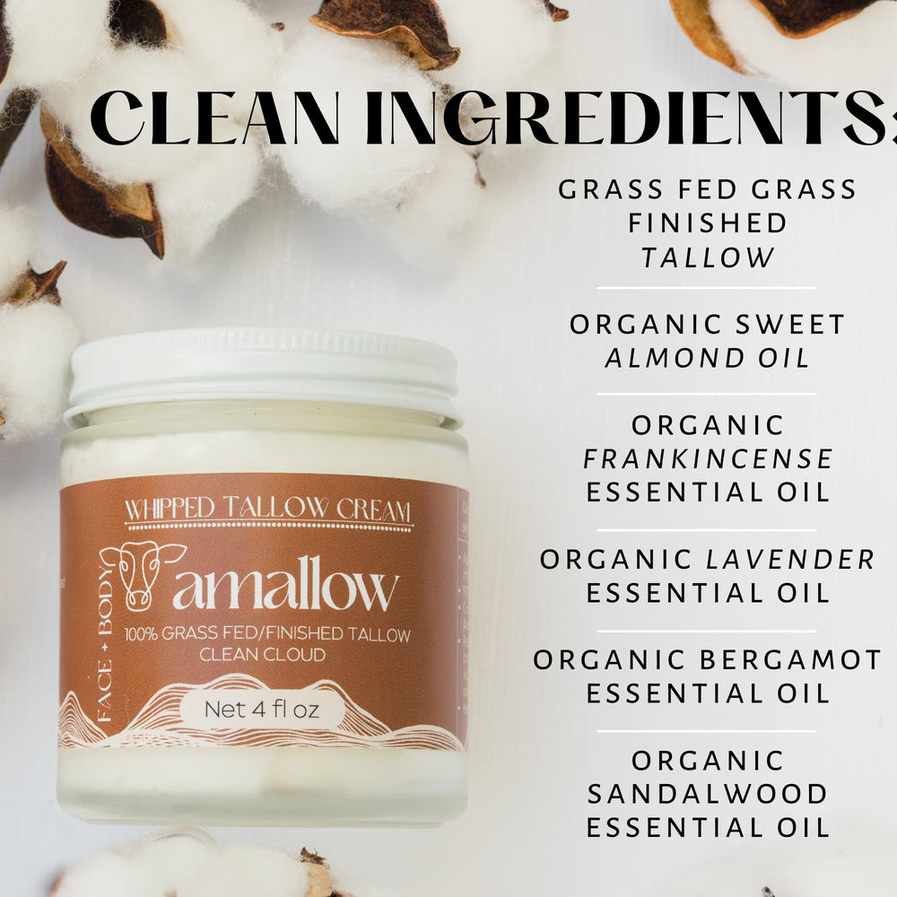 Amallow tallow with sweet almond oil for non-clog pores.