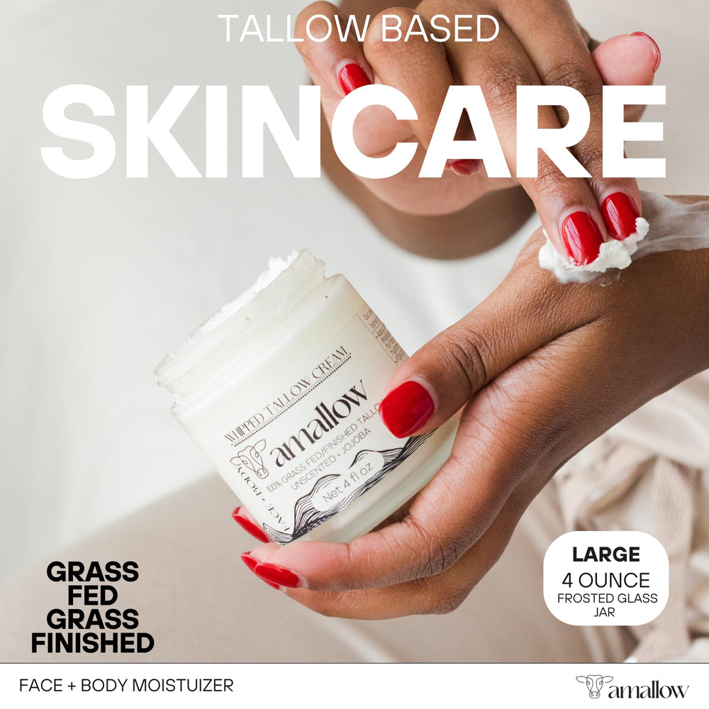 Amallow unscented beef tallow jar close-up—daily moisturization for dry skin.