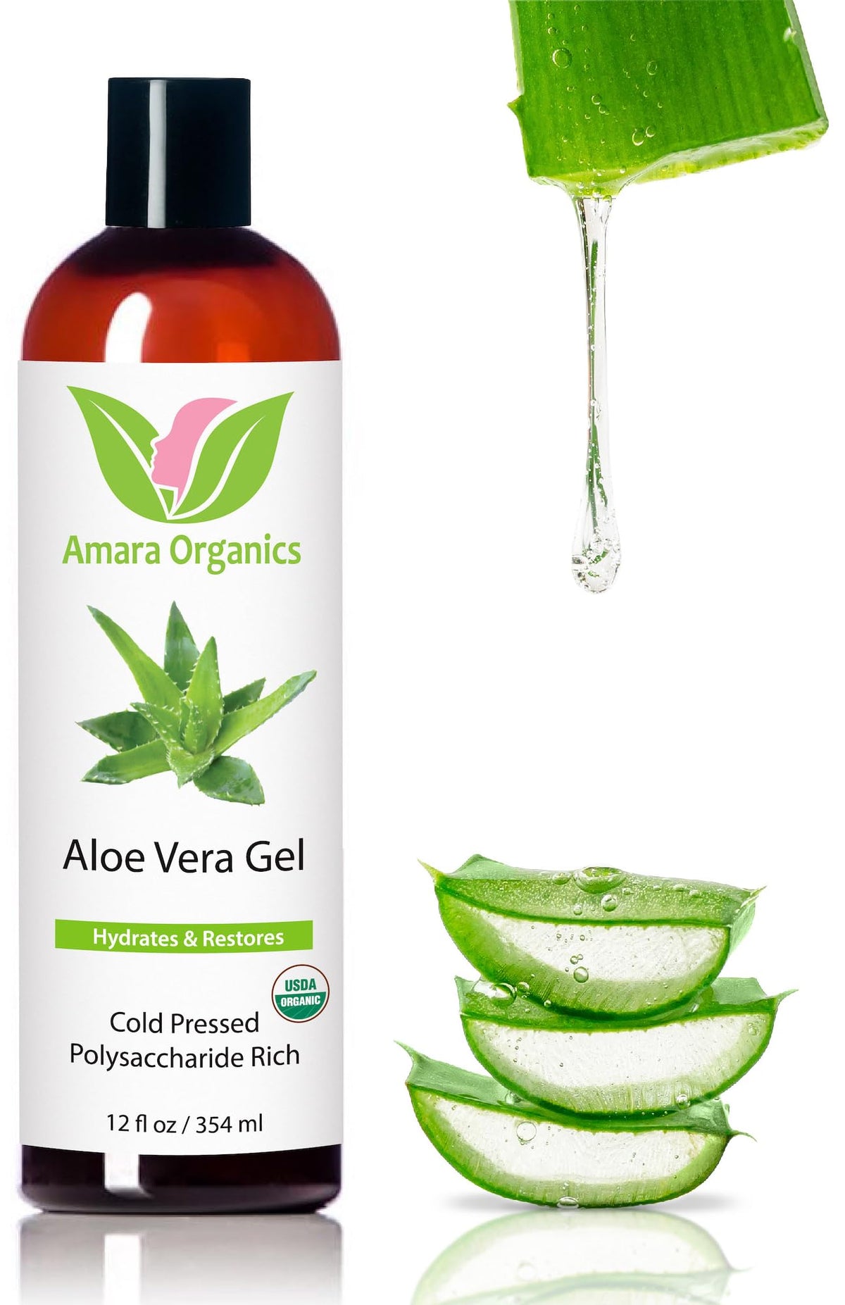 Amara Beauty Organic Aloe Vera Gel bottle for hydrating skin and after sun care.
