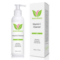 Amara Beauty facial cleanser bottle shows gentle formula for fresh, balanced skin after use