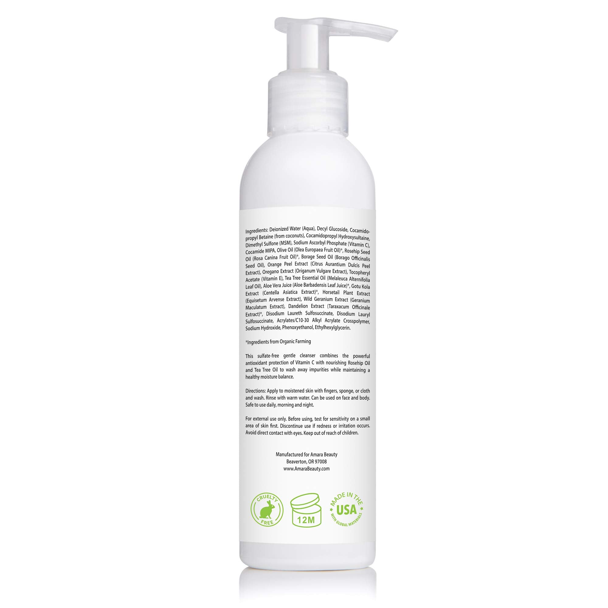 Amara Beauty cleanser ingredients highlight Vitamin C, Aloe, and Rosehip for nourishing care