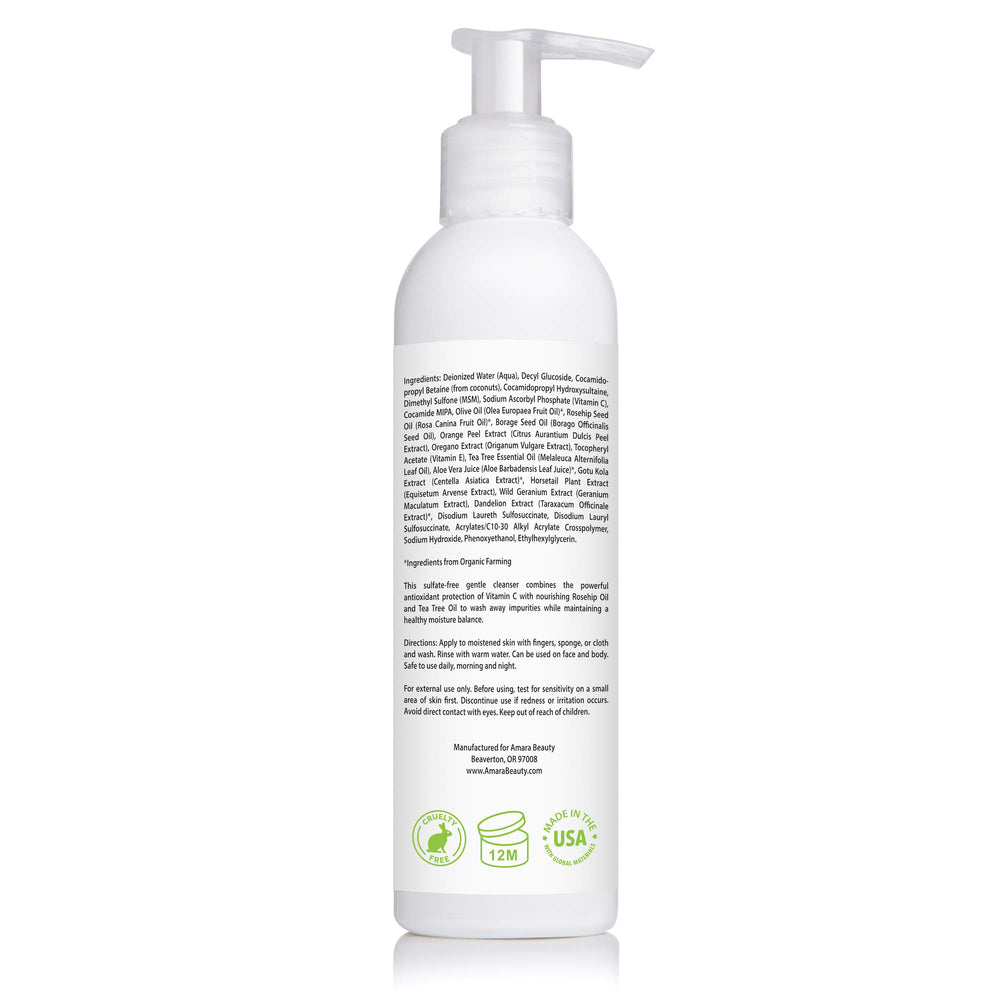 Amara Beauty cleanser ingredients highlight Vitamin C, Aloe, and Rosehip for nourishing care