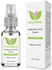 Amara Beauty Hyaluronic Acid Serum bottle delivering hydration for silky skin.