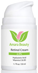 Amara Beauty Retinol Cream bottle demonstrates 2.5% retinol for brighter, smoother skin.