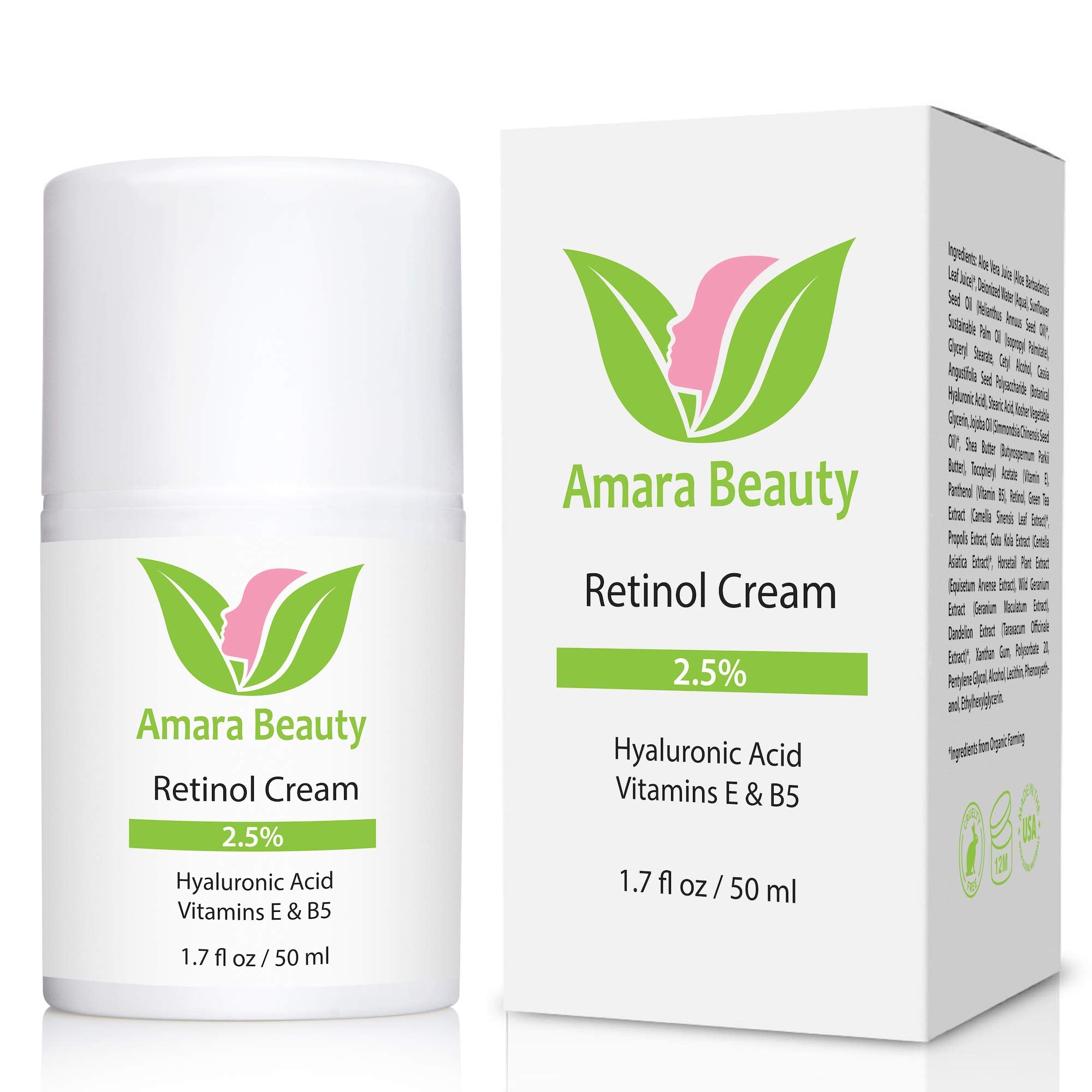 Amara Beauty Retinol Cream with Hyaluronic Acid jar emphasizes moisture boost for plumper, more resilient skin.