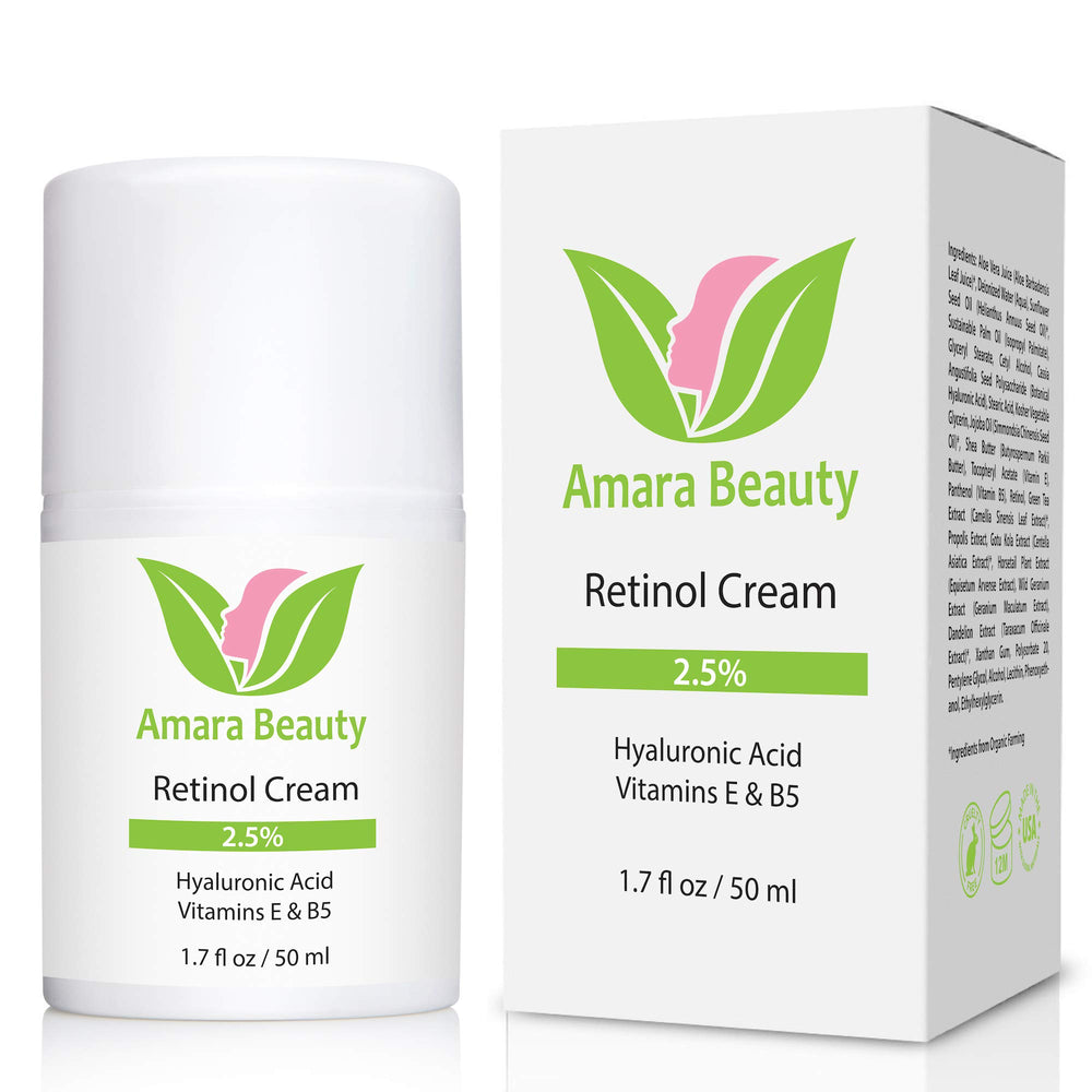 Amara Beauty Retinol Cream with Hyaluronic Acid jar emphasizes moisture boost for plumper, more resilient skin.