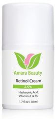 Amara Beauty Retinol Cream jar and spatula illustrate easy, precise application.