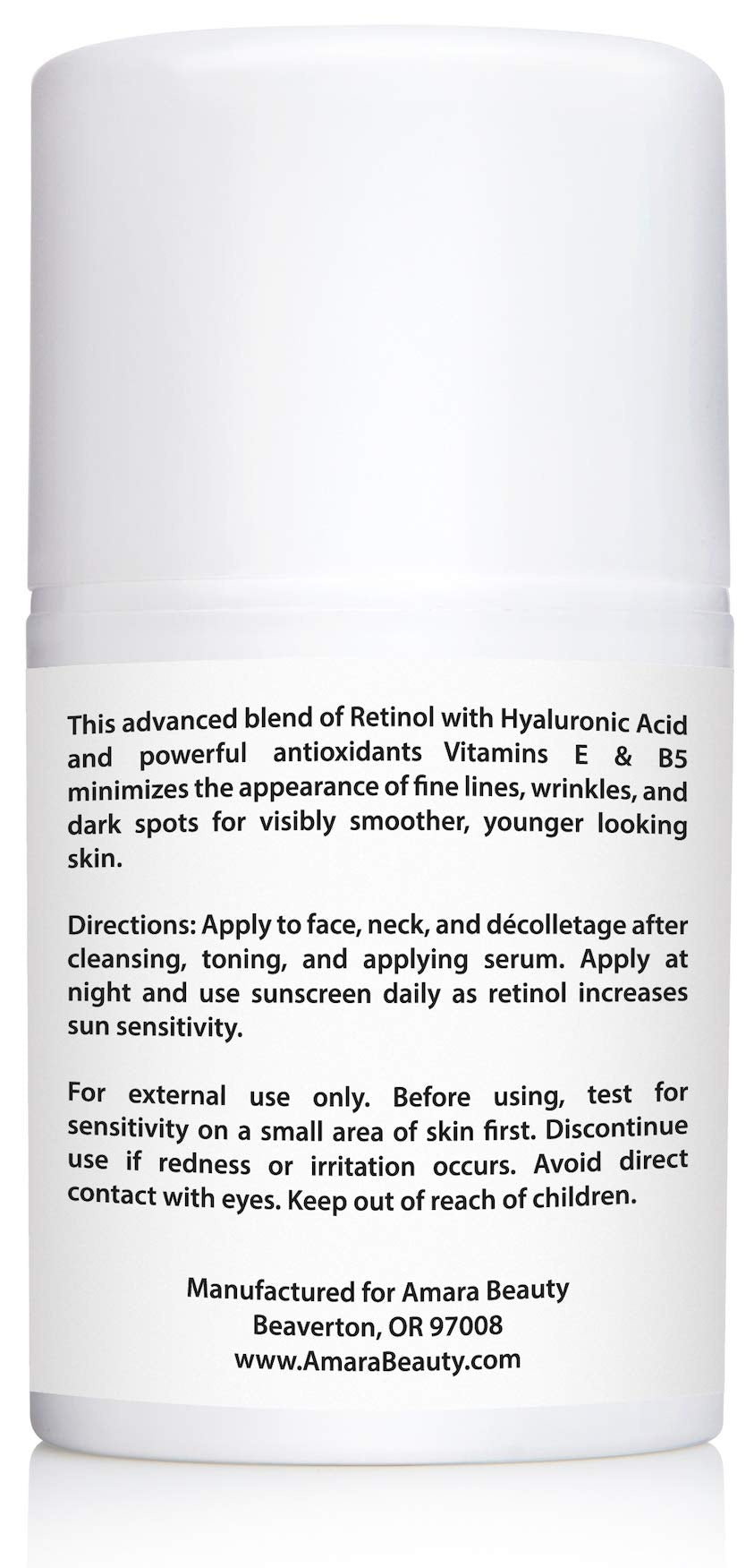Amara Beauty Retinol Cream packaging with swatch suggests suitability across skin types.