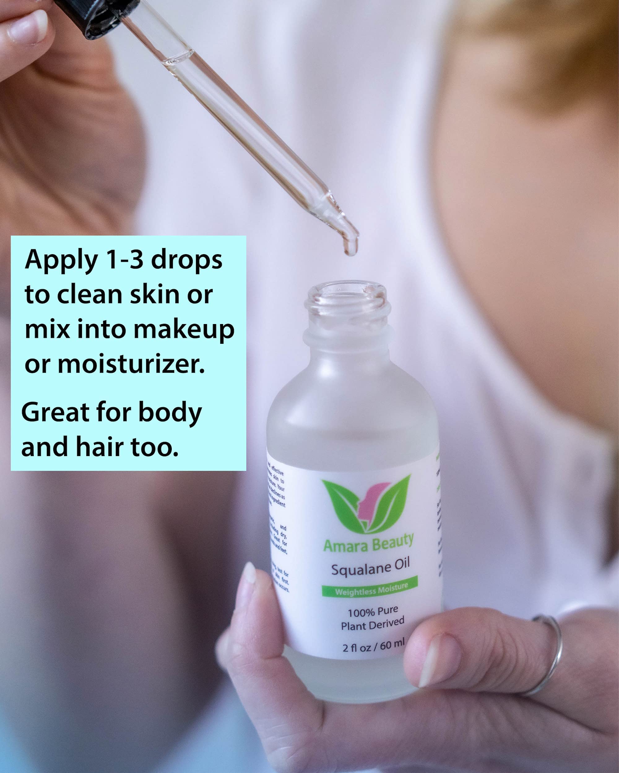 Amara Beauty Squalane Oil moisturizes hair and smooths ends.