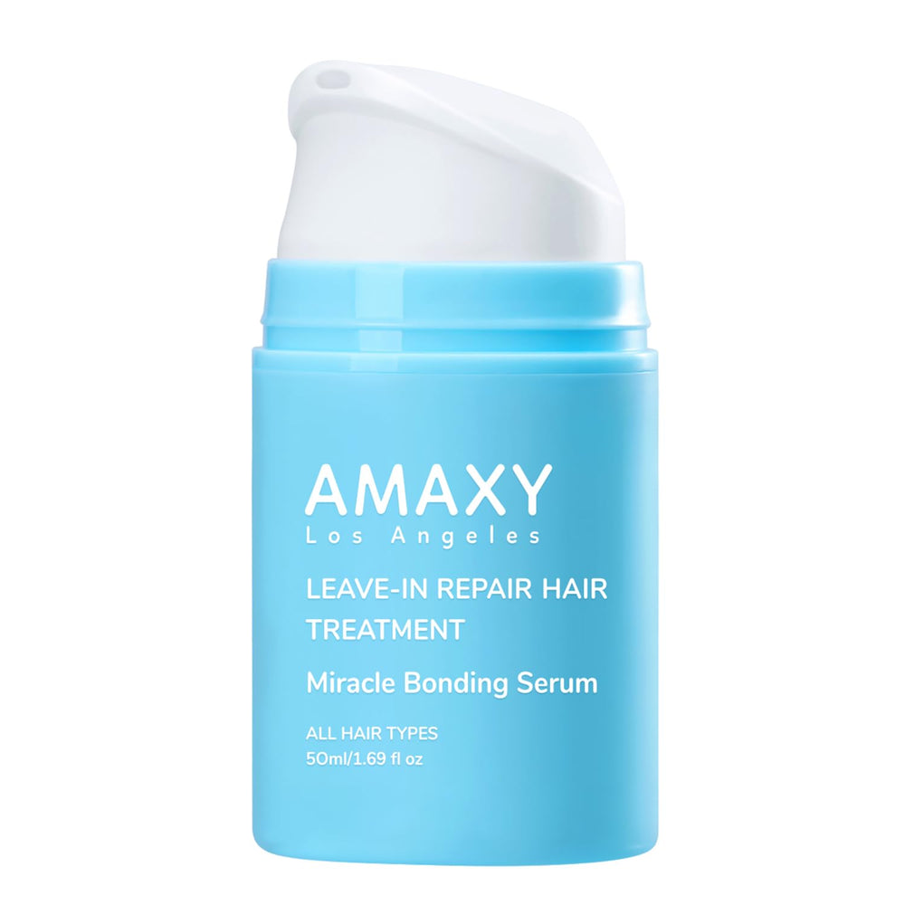 AMAXY Miracle Bonding Serum bottle close-up for smoother, frizz-controlled hair