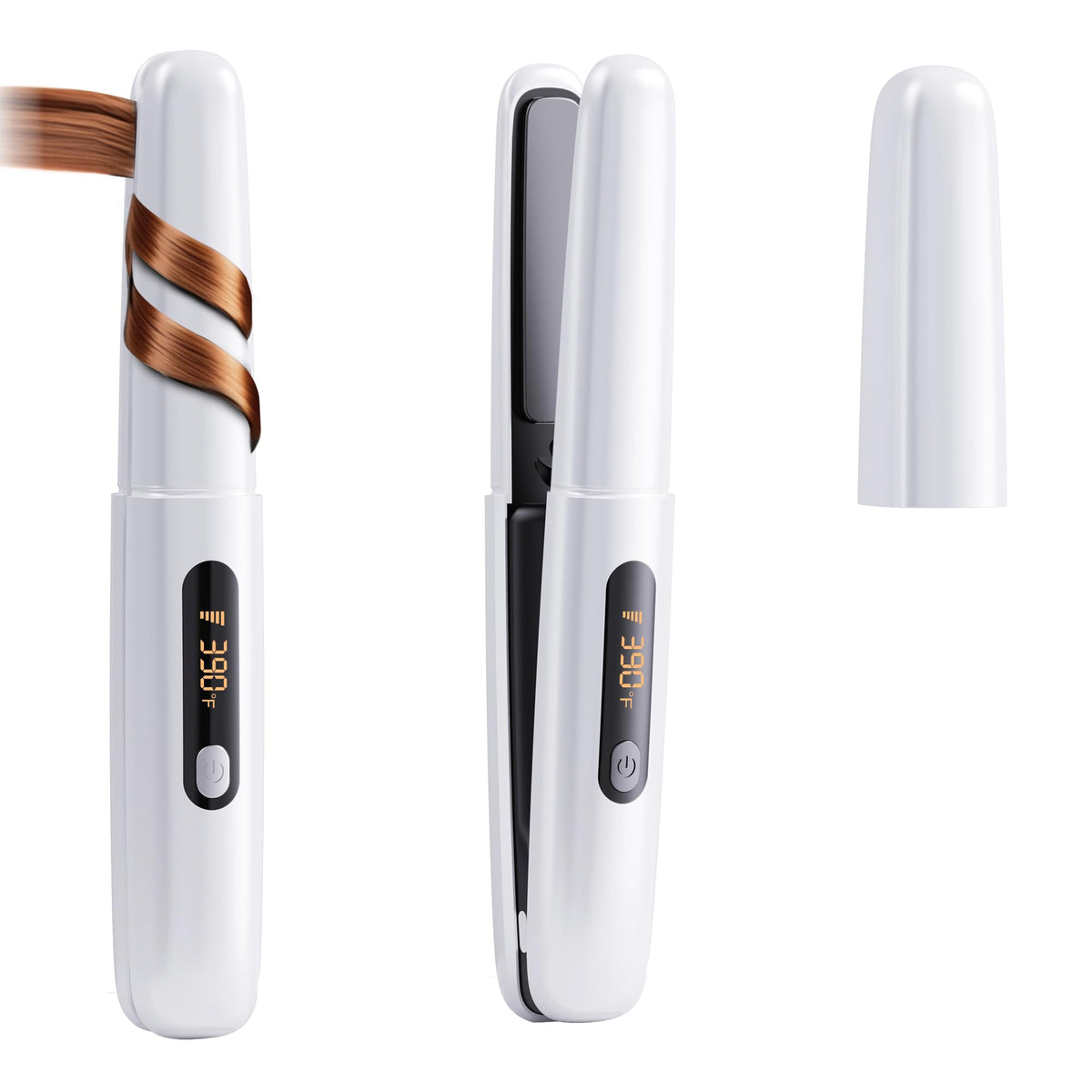 Amazebra cordless hair straightener in white, perfect for quick touch-ups on the go.